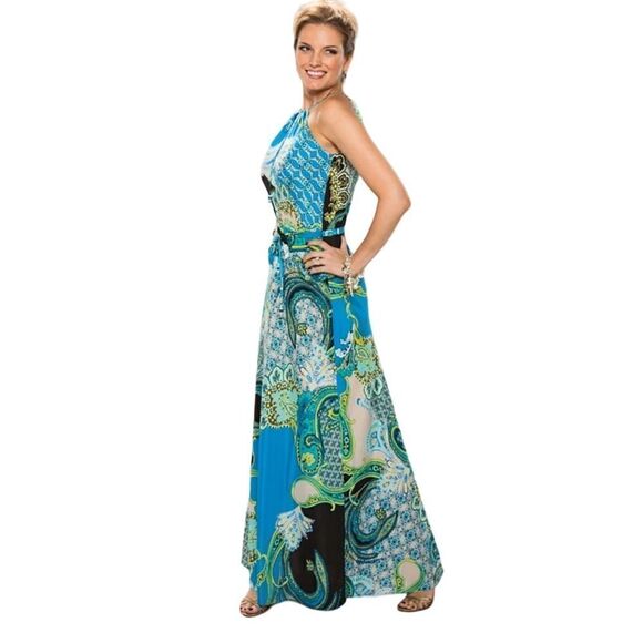 Caché Halter Multi Colored Maxi Dress Beaded Adjustable Ties Long Sexy Size XS - Picture 1 of 6